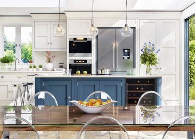 kitchen with blue Island bar and glass pendant lights
